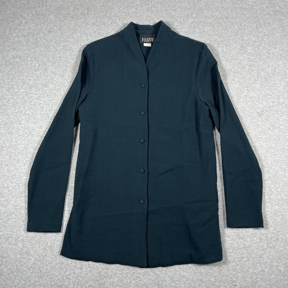 Eileen Fisher Shirt Womens Medium Green Blouse Button Up 100% Wool Long Sleeve